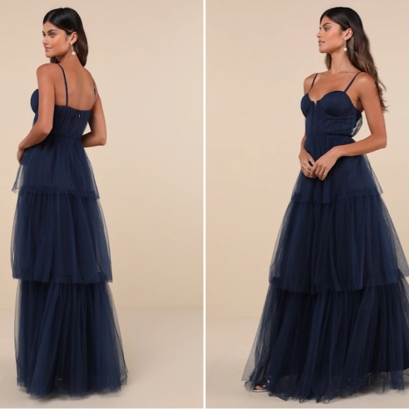 LULU's Prom Wedding Boho Sexy Elegant Tiered Ruffles Tulle Chic Boho Maxi Dress - Picture 4 of 5